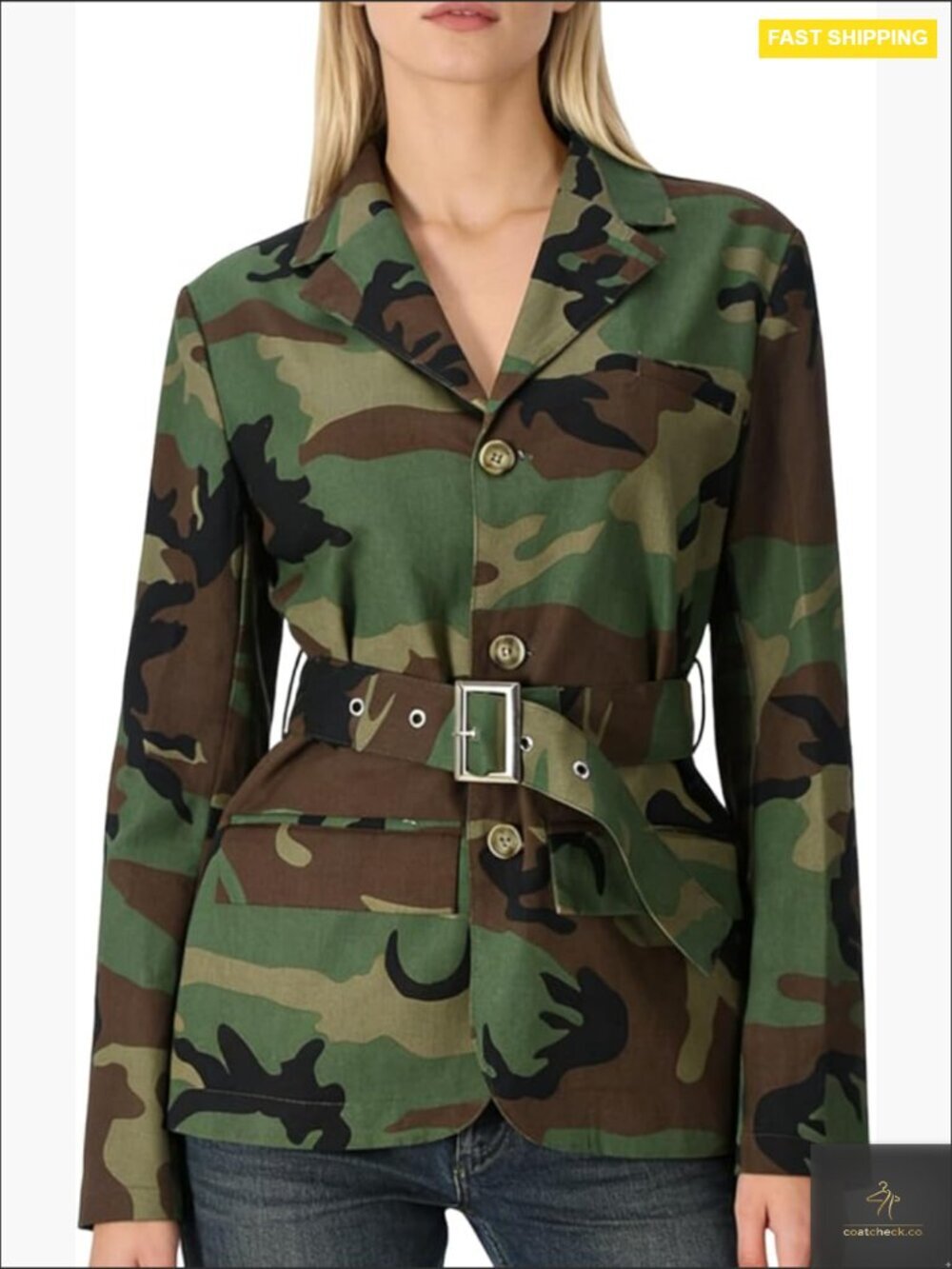 Oversized Camo Blazer Jacket Long Sleeve Denim Trench Coat Belted Notched Lapel